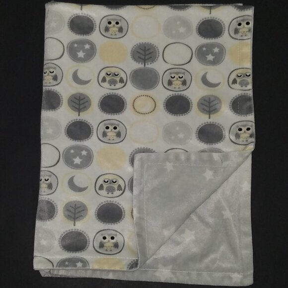 RN 119741 Owl Tree Stars Moon Fleece Baby Blanket Lovey Gray Yellow White SOFT - Picture 1 of 6